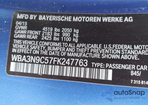 2015 BMW 428I xDrive из США, поврежденный, VIN WBA3N9C57FK247763